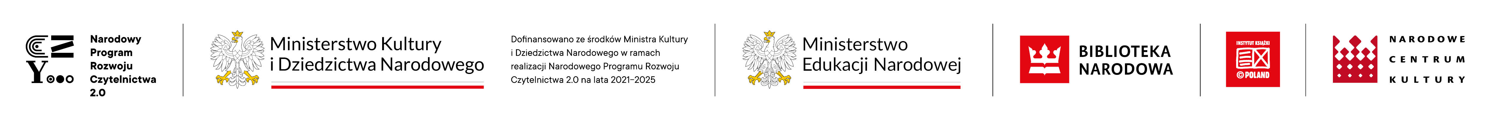 logotypy NPRCZ, Ministerstwo Kultury i Dziedzictwa Narodowego, Ministerstwo Edukacji Narodowej, Biblioteka Narodowa,  Instytut Książki, Narodowe Centrum Kultury