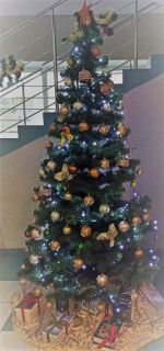 Zdjęcie przedstawia udekorowaną choinkę pod którą leżą książki obwiązane wstążkami